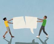 Cartoon people pulling paper apart